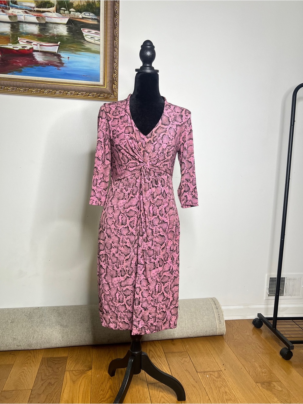DR Collection Pink Snake-Print Twist-Front Midi Dress